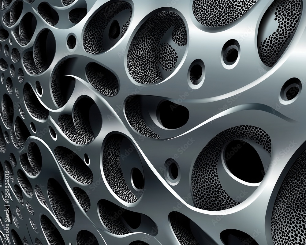Poster a close-up view of a weathered metal structure featuring an intricate pattern of variously sized hol