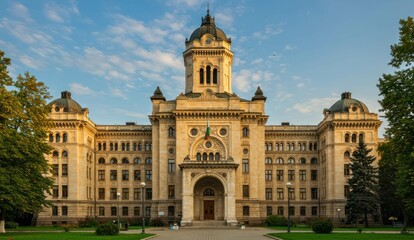 Fototapeta premium Grand government building, stone facade, clock tower, blue sky, sunny day,