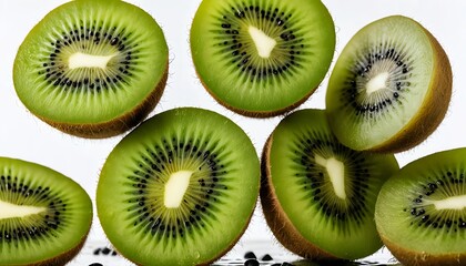 Fototapeta premium Juicy Kiwi Fruit Slices Falling on White Background