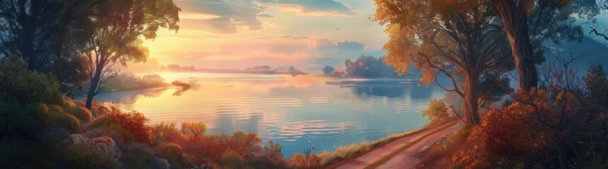 a road leading to lake at sunset