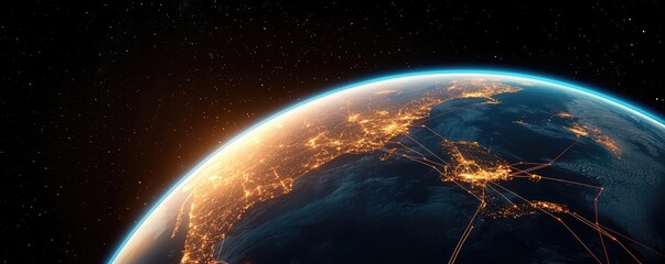 Obraz premium Earth at night representing global connections and future map concept. Stunning view of Earth from space showcasing vibrant lights.