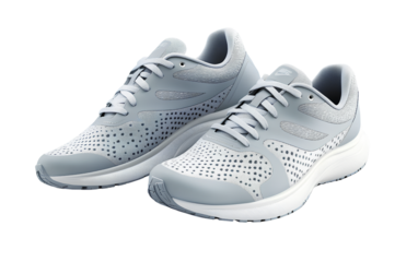 A pair of gray athletic shoes, with a light blue and white color scheme, isolated on a transparent background