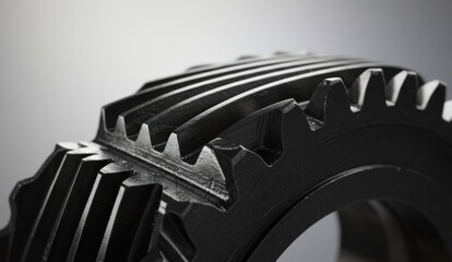 Close-up of interlocking metal gears on a neutral background,