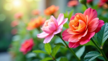 Vibrant close-up of colorful flowers in full bloom with soft focus background,  colorful,  close-up