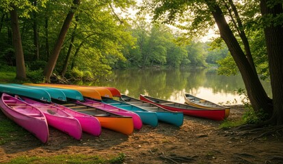 Fototapeta premium Colorful canoes rest on the shore of a tranquil river surrounded by trees,
