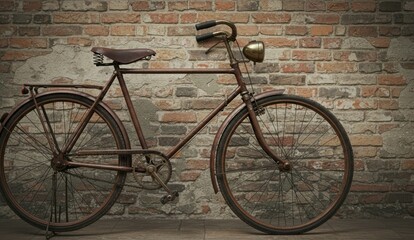A rusty vintage bicycle against a brick wall,
