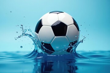 Naklejka premium Vibrant soccer ball with blue water ripples and dynamic splash effects on fluid background, soccer, excitement