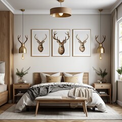 Modern Bedroom Interior with Deer Antler Lighting and Artwork