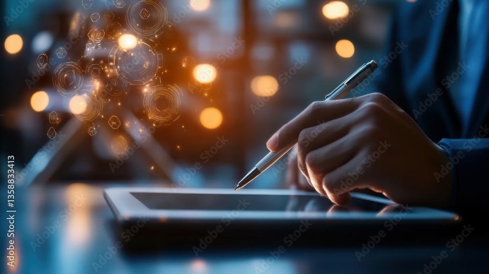 Poster close up of businessman hand with digital pen using tablet on desk with glowing robot head on blurry