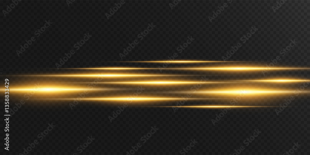 Poster golden horizontal light streaks with glow and motion blur on transparent background. futuristic spee