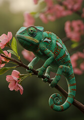 Obraz premium a photorealistic of a colorful Chameleon on a branch with pink spring flowers on background