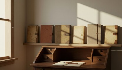Vintage desk with books and writing supplies in sunlit study,