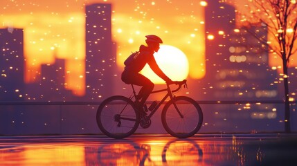 Female Cyclist Gliding Through Urban Sunset, City Lights in Background