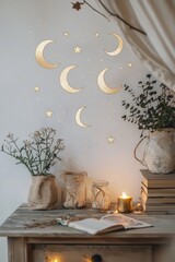 A desk adorned with golden crescent moons and star decals. Soft lighting highlights the peaceful arrangement