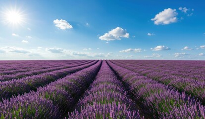 Fototapeta premium Vibrant lavender field stretches to the horizon under a bright sky,