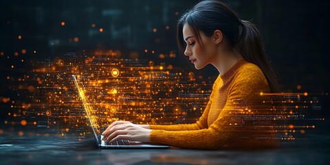 A woman working on a laptop with digital data visualization