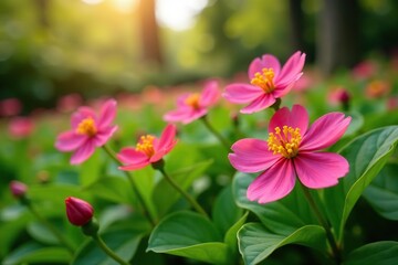 Vibrant St Johns wort flowers blooming in a spring garden,  closeup,  color