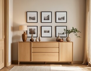 Modern Light Wood Sideboard with Decor and Artwork
