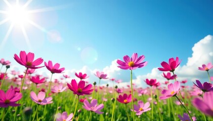 Obraz premium Vibrant cosmos flowers blooming in a picturesque field under the clear blue sky, beauty, blossom