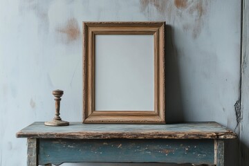 Antique Gold Frame Mockup Rustic Table Grunge Wall