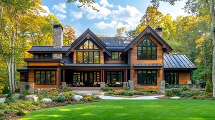 Obraz premium Luxurious modern country home with rich brown walls a bold roofline surrounded by lush greenery soft golden light and blue sky above. 