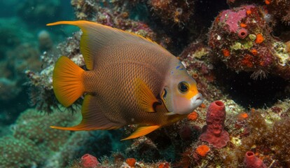 A Goldtail Angelfish is seen swimming along coral reef,