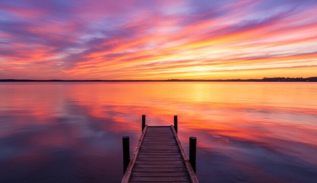A wooden dock over still water at sunset with vibrant colors, - Powered by Adobe
