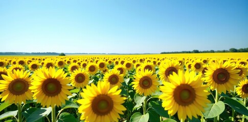 Obraz premium Vibrant sunflower fields stretching to the horizon under a clear blue sky, countryside, outdoors