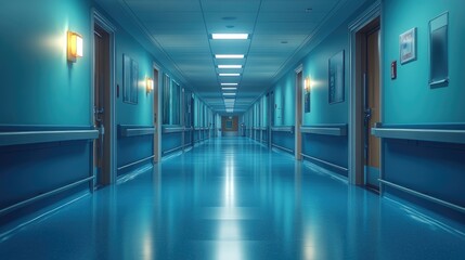 Obraz premium A serene hospital corridor capturing the essence of healthcare environment with a calming blue color scheme and modern design elements
