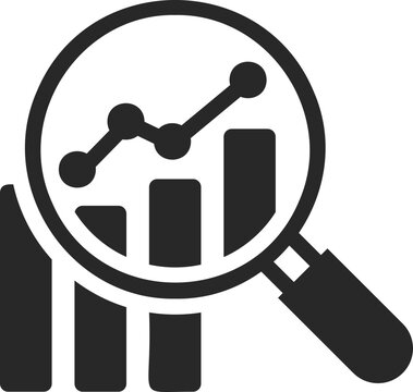 Business performance solid icon with magnifying glass on bar and line chart, vector.