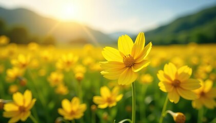 Fototapeta premium Vibrant field of yellow flowers in bloom under the sun, yellow flowers, sunny