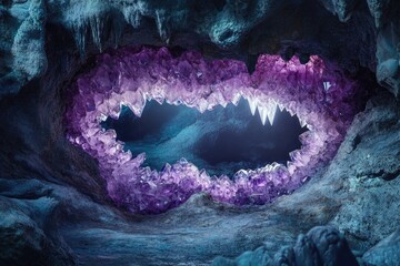 Amethyst geode cave entrance, glowing purple crystals, dark fantasy scene.
