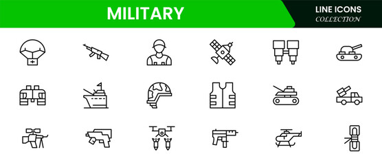 Military, war, and army line icons. Military Equipment, tools, aids, and appliances. collection and pack of linear icons.