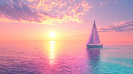 Fototapeta premium Majestic Sailboat at Sunset on Tranquil Waters with Vibrant Sky and Reflective Waves in Serene Coastal Landscape