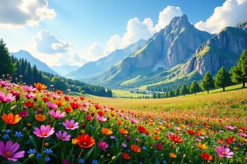 Fototapeta premium Vibrant fields of wildflowers bloom among towering mountains, creating a picturesque landscape, serene, peaceful