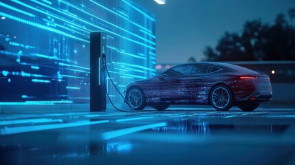 Obraz premium EV Charging at Night with Digital Wall