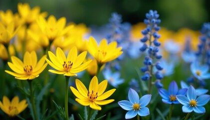 Vibrant flowerbed with yellow and blue blooms in full bloom,  colorful, beautiful