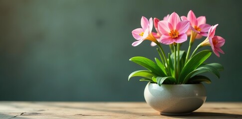 Vibrant freesia plant in ceramic pot with lush greenery,  greenery, freesia