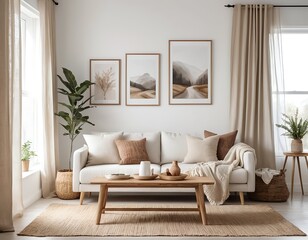 Fototapeta premium Cozy Living Room Interior with Neutral Tones and Natural Decor
