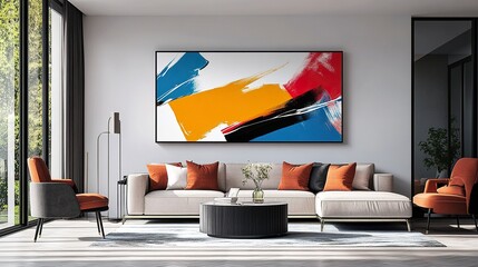 Minimalist 3D render of a luxury living room featuring clean lines, high-end furniture, and a stunning abstract art piece on the wall. 