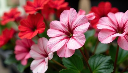 Obraz premium Vibrant geraniums in various shades of pink, red, and white displayed for sale at a garden center, flowers, red