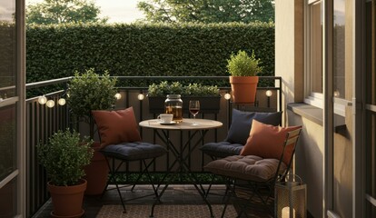 Cozy outdoor balcony with table, chairs, plants, and string lights,