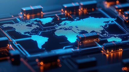 Cargo logistics tracking in world map and business network concept. Digital world map with futuristic circuit board design.