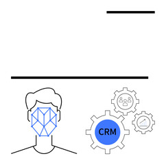 Facial recognition framework linked to gear icons displaying CRM, user profiling, performance tracking. Ideal for technology, AI, data analysis, automation, business solutions, software and flat
