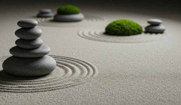 Zen garden with stacked rocks and raked sand, - Powered by Adobe