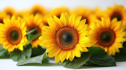 Obraz premium A vibrant arrangement of sunflowers showcasing their bright yellow petals and intricate centers with lush green leaves in the background