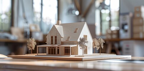 a small wooden model of a modern house with green trees