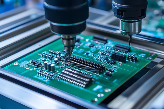 精密機械が基板にチップを実装する様子、最先端の電子機器製造現場