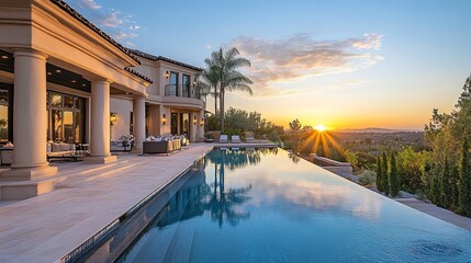 Minimalist luxury mansion poolside view with a chic lounge area elegant landscaping sunset sky casting warm shadows wide-angle shot.  