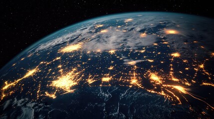 Obraz premium Cargo logistics and global network in freight transportation concept. A stunning view of Earth illuminated by city lights at night.